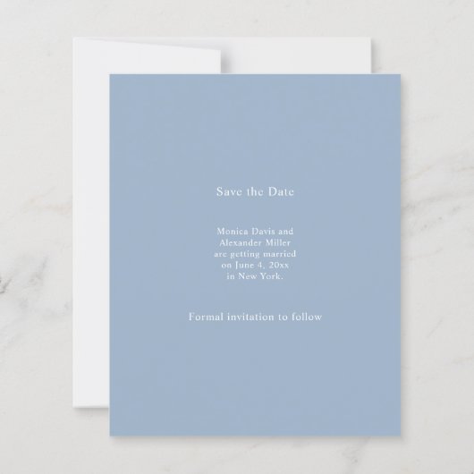 Dusty blue photo wedding Save the Date card (裏面)