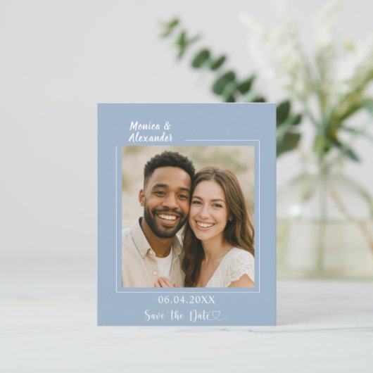 Dusty blue photo wedding Save the Date card (スタンド正面)