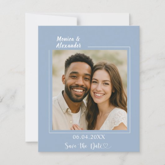 Dusty blue photo wedding Save the Date card (正面)