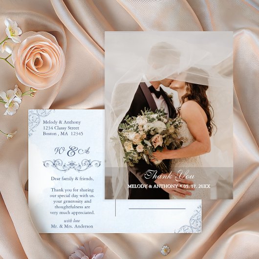 Dusty Blue Photo Wedding Thank You ポストカード