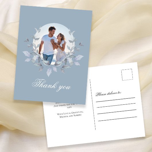 Dusty Blue Photo Wedding Thank You Floral ポストカード