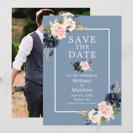 Dusty Blue Pink Blush Floral Photo Save the Date セーブザデート (正面/裏面)