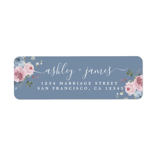 Dusty Blue Pink Rose Return Address Label ラベル (正面)