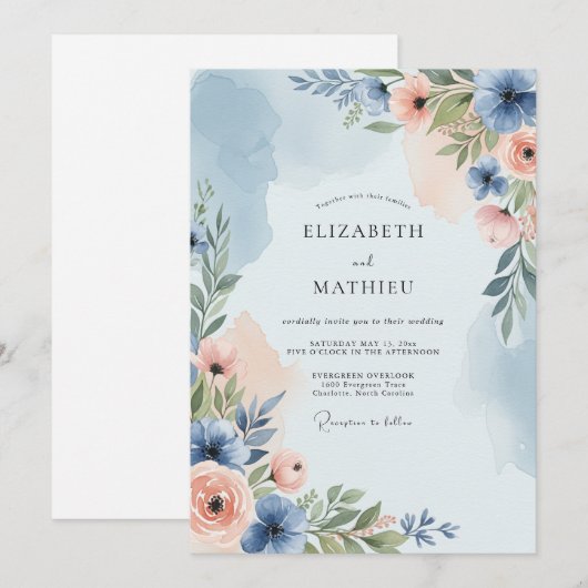 Dusty Blue Poetic Spring Wedding 招待状 (正面/裏面)