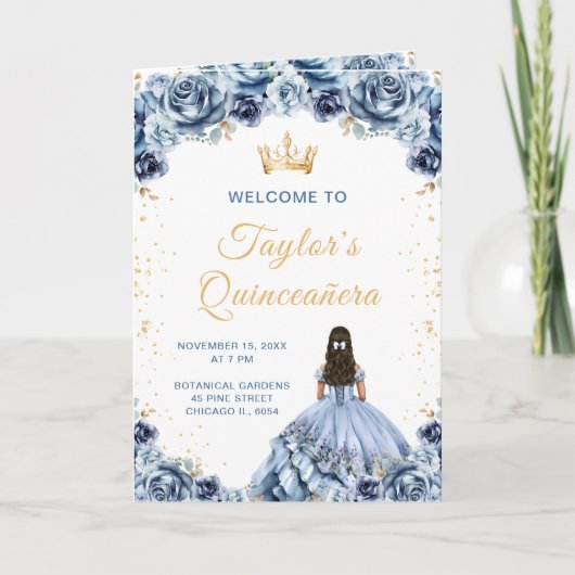 Dusty Blue Princess Floral Quinceañera Program プログラム (正面)