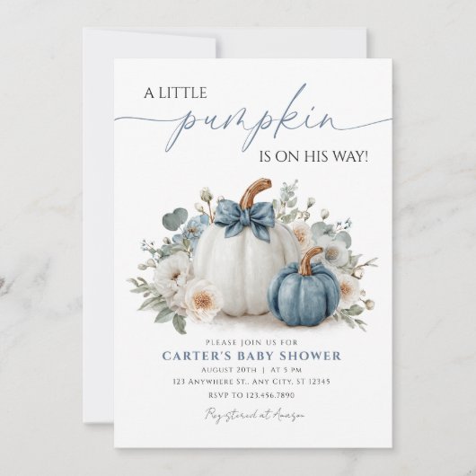 Dusty Blue Pumpkin Greenery Boy Baby Shower 招待状 (正面)