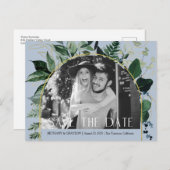 Dusty Blue, QRコードBotanical photo save the date 案内ポストカード (正面/裏面)