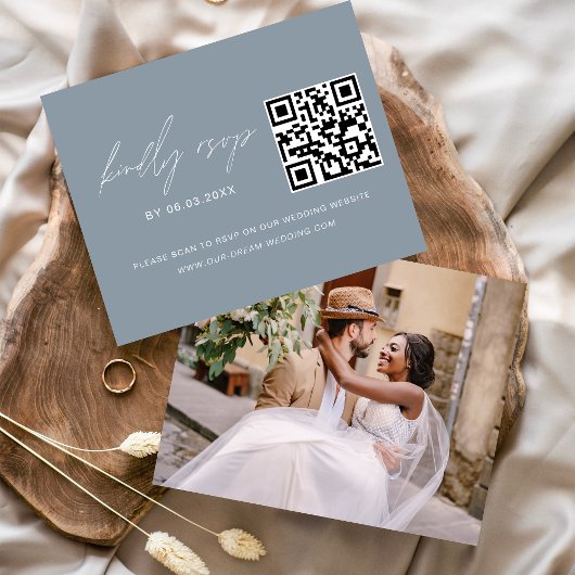 Dusty Blue QRコードRSVP写真のWeb結婚サイト チラシ