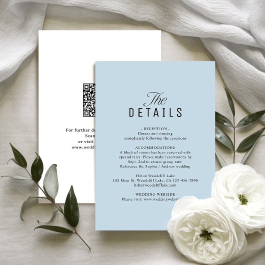 Dusty Blue QR Code Classy Wedding Details ノートカード