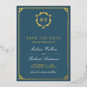 Dusty Blue QR Code Photo Wedding Save the Date 箔招待状 (正面)