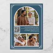 Dusty Blue QR Code Photo Wedding Save the Date 箔招待状 (裏面)