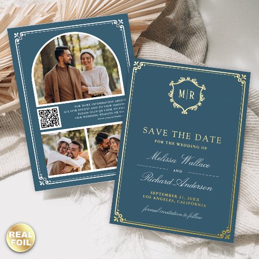 Dusty Blue QR Code Photo Wedding Save the Date 箔招待状