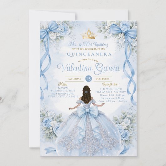 Dusty Blue Quinceañera with Bow 招待状 (正面)