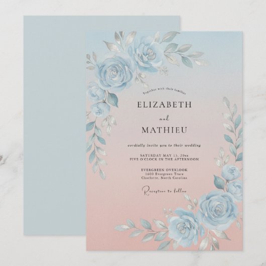 Dusty Blue Radiant Spring Wedding 招待状 (正面/裏面)