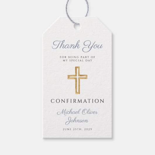 Dusty Blue Religious Cross Boy Confirmation ギフトタグ (正面)