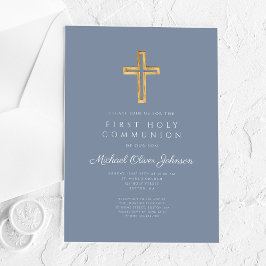 Dusty Blue Religious Cross Boy First Communion アクリル招待状