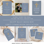 Dusty Blue Religious Cross Boy First Communion アクリル招待状