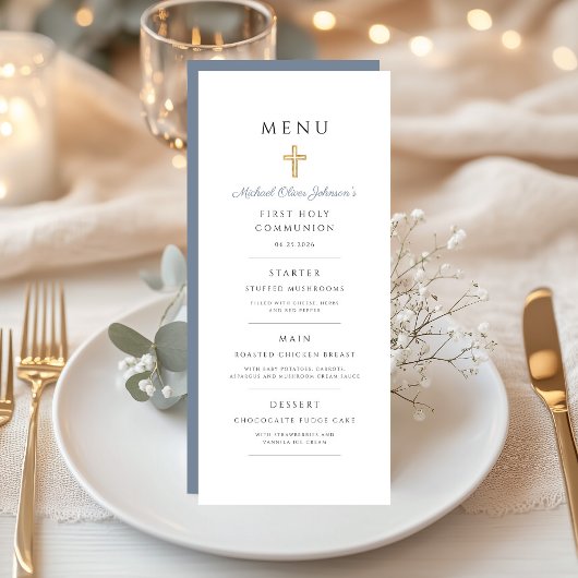 Dusty Blue Religious Cross Boy First Communion メニュー