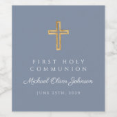 Dusty Blue Religious Cross Boy First Communion ワインラベル (シングルラベル)