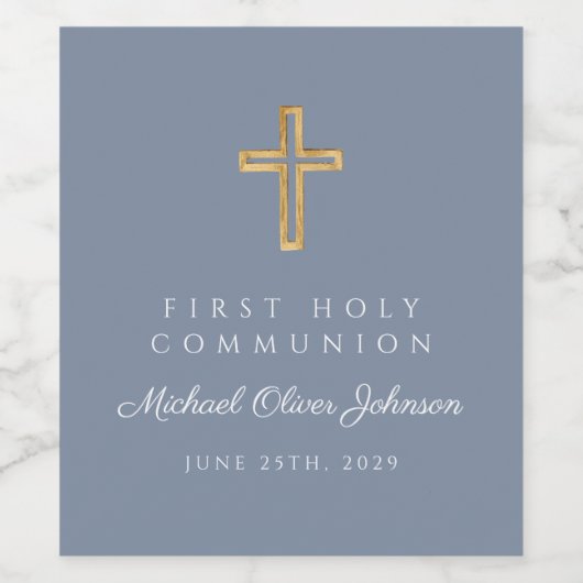 Dusty Blue Religious Cross Boy First Communion ワインラベル (シングルラベル)