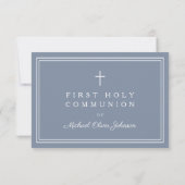 Dusty Blue Religious Cross Boy First Communion 出欠カード (裏面)