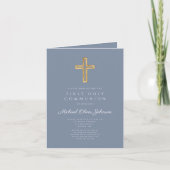 Dusty Blue Religious Cross Boy First Communion 招待状 (正面)