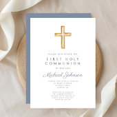 Dusty Blue Religious Cross Boy First Communion 招待状
