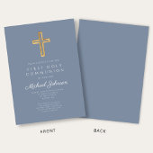 Dusty Blue Religious Cross Boy First Communion 招待状