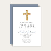 Dusty Blue Religious Cross Boy First Communion 招待状