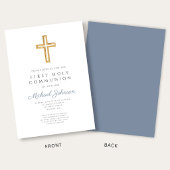 Dusty Blue Religious Cross Boy First Communion 招待状
