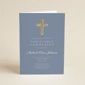 Dusty Blue Religious Cross Boy First Communion 招待状