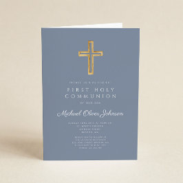 Dusty Blue Religious Cross Boy First Communion 招待状