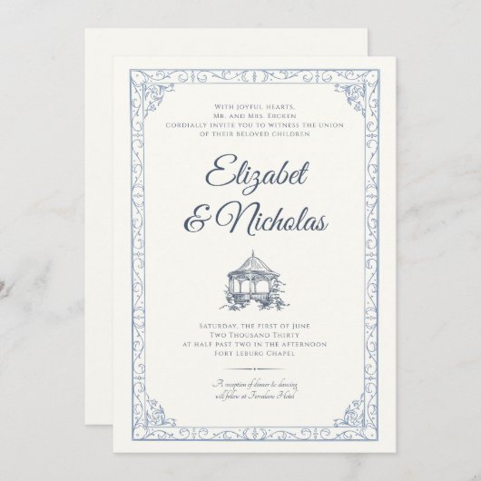 Dusty Blue Rococo Garden Wedding Invitation 招待状 (正面/裏面)