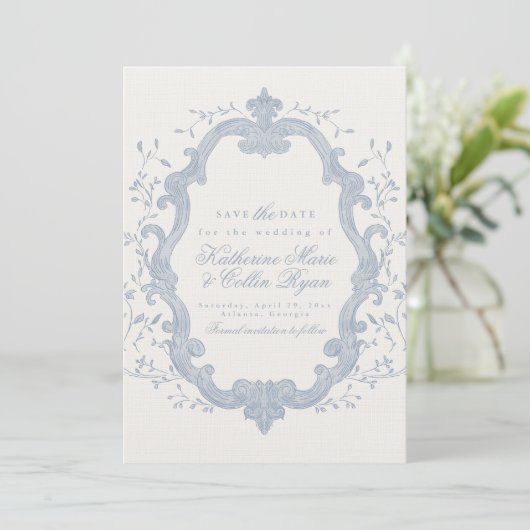 Dusty Blue Rococo Save The Date Card 招待状 (スタンド正面)
