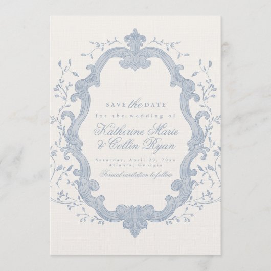 Dusty Blue Rococo Save The Date Card 招待状 (正面)