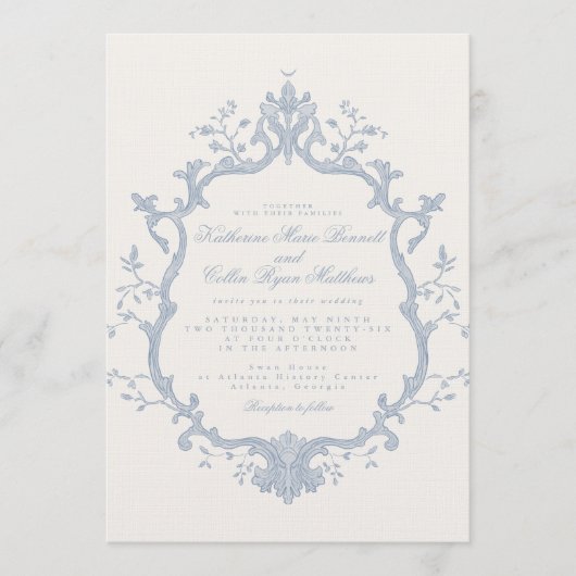 Dusty Blue Rococo Wedding Invitation 招待状 (正面)