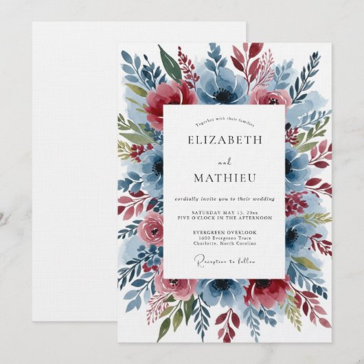 Dusty Blue Romantic Bloom Wedding 招待状 (正面/裏面)
