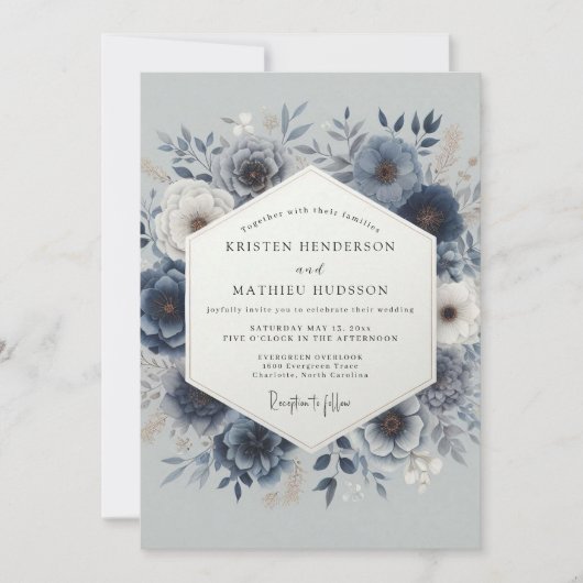Dusty Blue Romantic Floral Wedding 招待状 (正面)