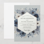Dusty Blue Romantic Floral Wedding 招待状 (正面/裏面)