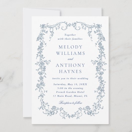Dusty Blue Romantic French Floral Wedding  招待状 (正面)