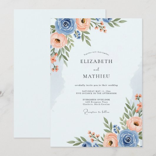 Dusty Blue Romantic Spring Wedding 招待状 (正面/裏面)