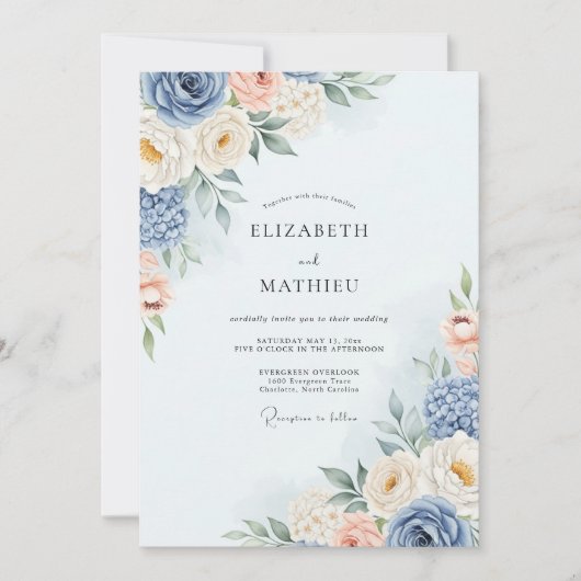 Dusty Blue Romantic Watercolor Wedding 招待状 (正面)