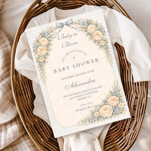 Dusty Blue Rose Arch Baby Shower 招待状