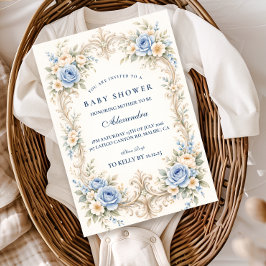 Dusty Blue Rose Baroque Baby Shower 招待状