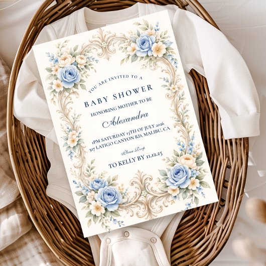 Dusty Blue Rose Baroque Baby Shower 招待状