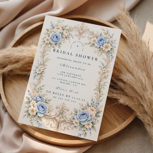 Dusty Blue Rose Baroque Bridal Shower 招待状