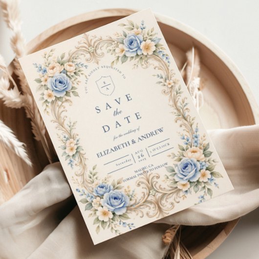 Dusty Blue Rose Baroque Wedding セーブザデート