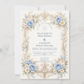 Dusty Blue Rose Baroque Wedding 招待状 (正面)