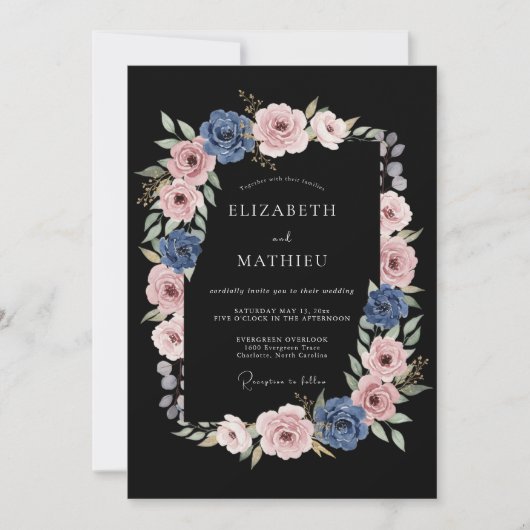 Dusty Blue Rose Flourish Wedding 招待状 (正面)