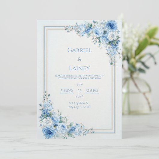 Dusty Blue Rose Gold Double Frame Wedding 招待状 (スタンド正面)